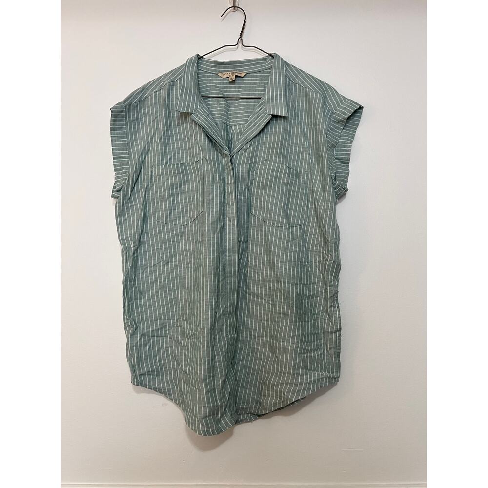 Jachs Girlfriend Green Striped Button Up Shirt Womens Small S Rayon Cap Sleeve - Picture 2 of 8